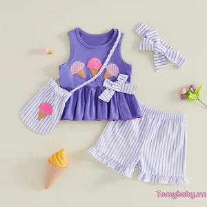 Bộ trang phục 4 món mùa hè cho bé gái Áo bình thêu kem + Quần short sọc + Túi + Bộ băng đô