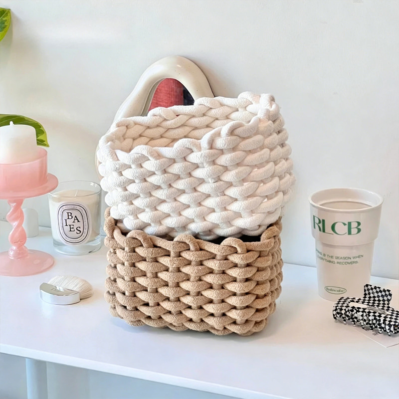 Giỏ Đựng Đồ Bằng Dây Cotton Dệt - Phong Cách Vintage Đa Dụng, Hoàn Hảo Để Bàn Trang Trí, Đựng Đồ Nhỏ Hoặc Mang Đi Picnic