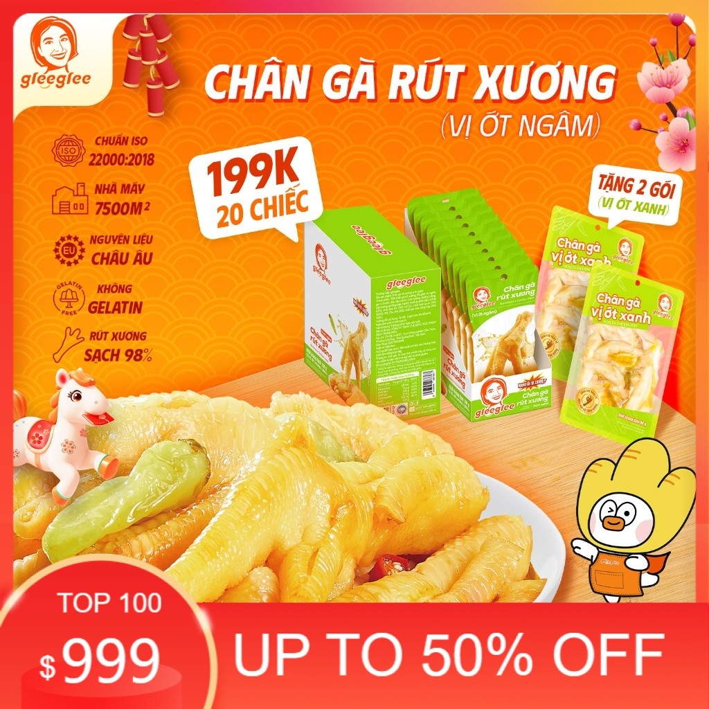 Combo Chân Gà Rút Xương GleeGlee ỚT NGÂM 21g Cay Nồng Sạch Xương >98% Ăn Liền Chuẩn ISO 22000