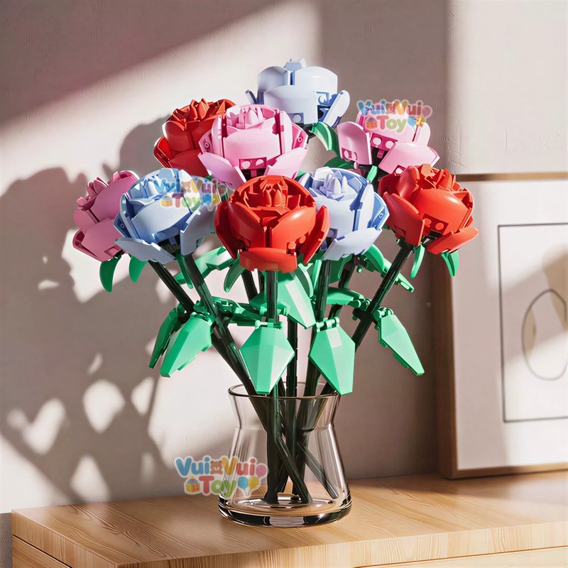 【Giao nhanh🚚】Bó hoa hồng lắp ráp – Mô hình hoa hồng siêu thực tế, không bao giờ héo, decor siêu đẹp