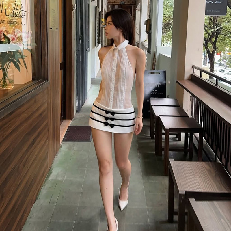 Klalien Đầm một dây nữ có nơ lưới và chắp vá lưng, thiết kế bodycon phù hợp cho bữa tiệc