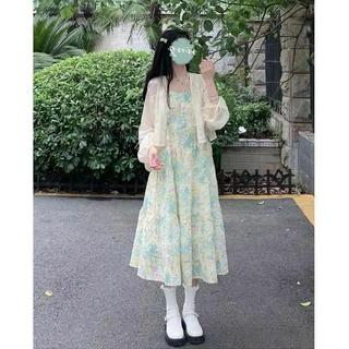 Bộ Váy yếm xanh nhạt dễ thương, tươi mát, ngọt ngào kiểu Nhật và áo khoác mỏng chống nắng cho Nữ