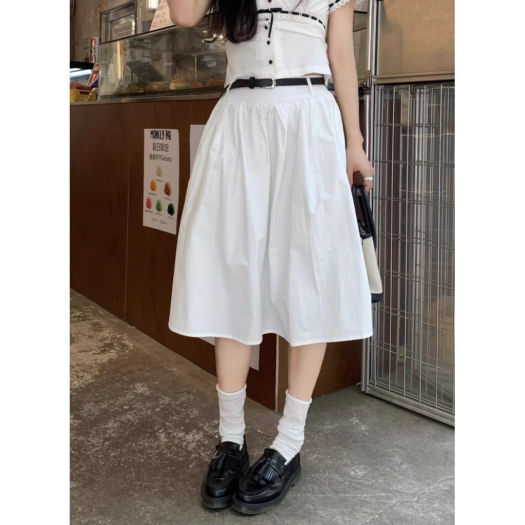SUXI Váy chữ A preppy màu trơn nhẹ nhàng dành cho nữ mùa hè 260408