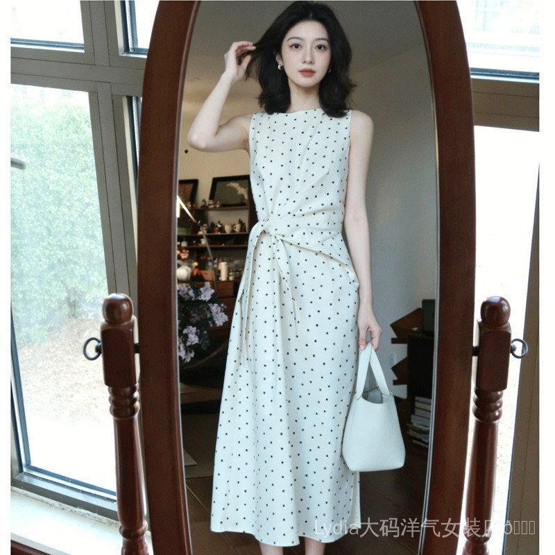 Đầm vest nữ mùa hè chất lượng cao, không tay, họa tiết chấm bi với thiết kế dây eo nhỏ và dáng dài chữ A