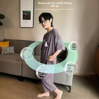Bộ đồ ngủ cho bé trai – Vải lụa lạnh mát, áo tay ngắn + quần lửng thoáng khí mặc ở nhà