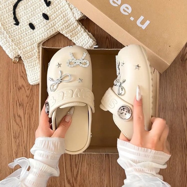 Giày Búp Bê Nữ Đế Dày Tăng Cao Đính Đá Nơ, Giày Lê Kín Mũi Chống Trượt EVA Đi Ngoài Thời Trang