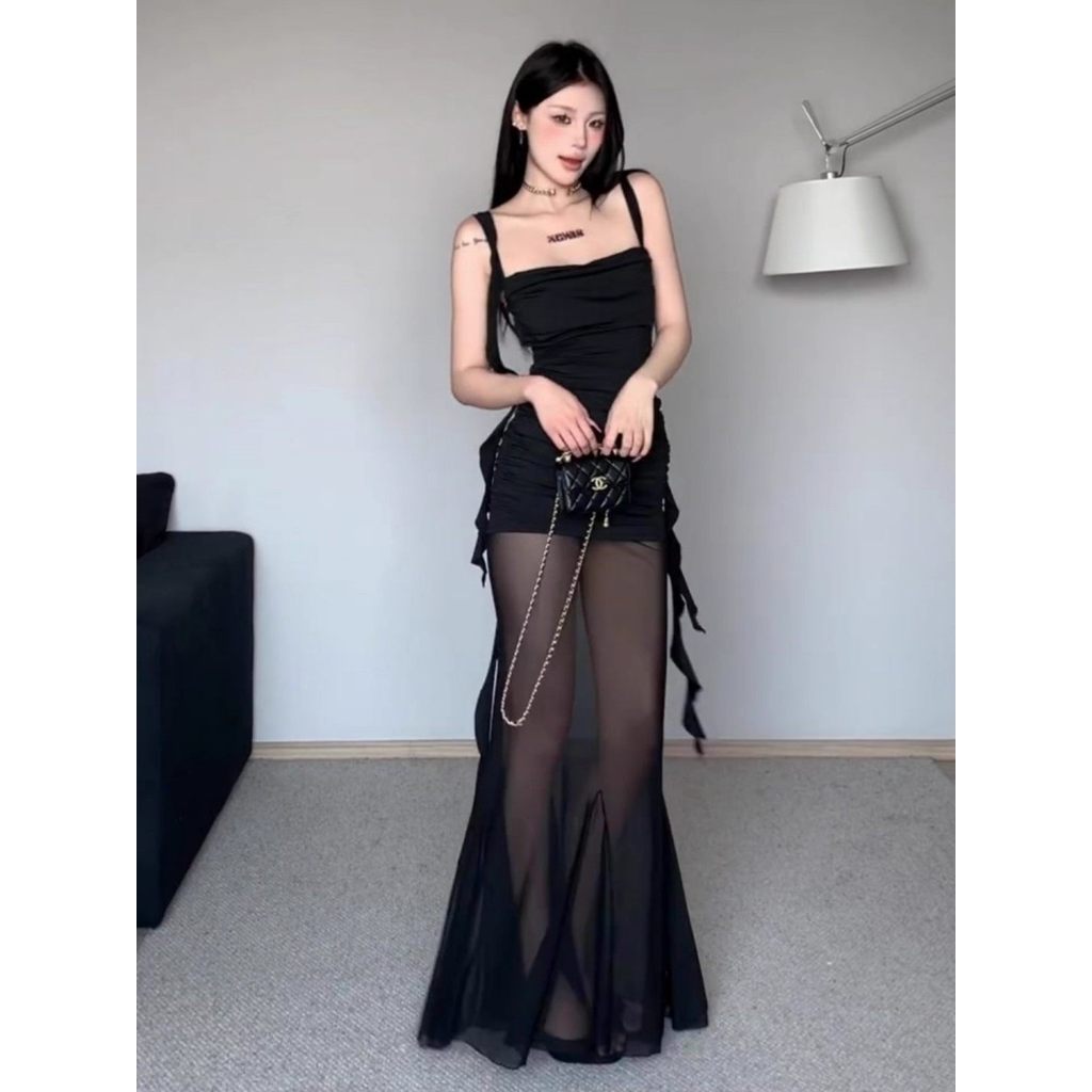 Đầm cổ sling phong cách Pháp màu đen - Thích hợp cho kỳ nghỉ biển mùa hè