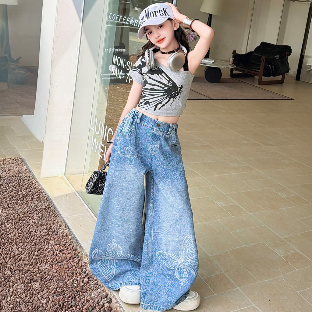 Bé Gái Denim Quần Ống Rộng Mùa Hè Phong Cách Mới Trẻ Em Thời Trang Phiên Bản Hàn Quốc Nơ Họa Tiết Quần Thường Ngày