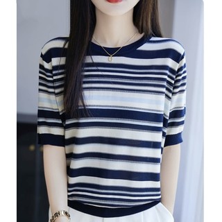 Áo sơ mi tay ngắn sọc dệt kim nữ, cổ tròn, phù hợp đi làm mùa hè