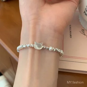 Vòng tay mèo đính cườm bạc thủ công - Tinh tế và dễ thương, phù hợp cho bé gái hoặc làm quà tặng