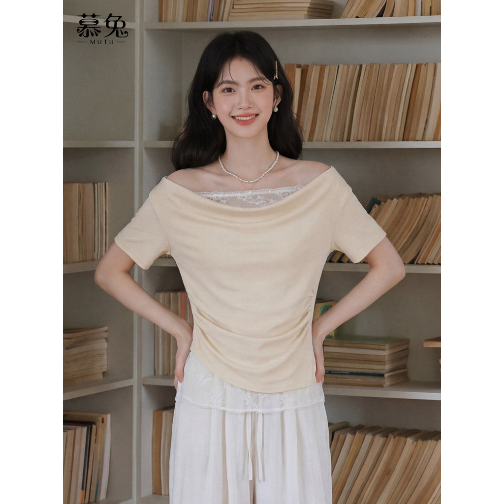Áo Thun Nữ Cổ Xoay Tay Ngắn, Thiết Kế Sang Trọng với Chi Tiết Ren Khâu