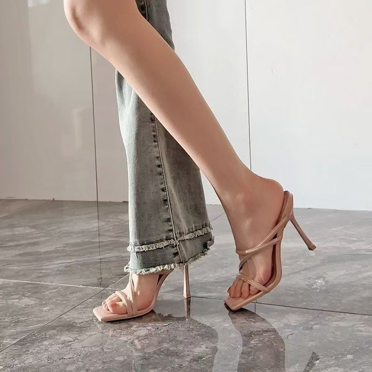 Mùa Hè Mũi Vuông Thời Trang Mở Ngón Chân Giày Cao Gót PU Nữ Chống Trơn Trượt Chống Mài Mòn Cổ Tích Phong Cách Cao Gót Dép
