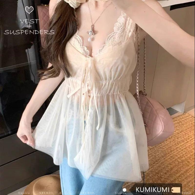 Bộ đồ nóng bỏng nữ mùa xuân, áo vest ren lưới hai mảnh