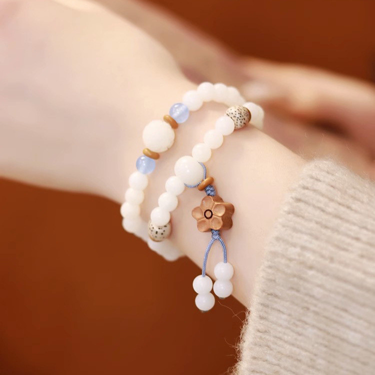 Vòng tay hình tròn Bồ Đề ngọc trắng tự nhiên, phong cách Trung Quốc