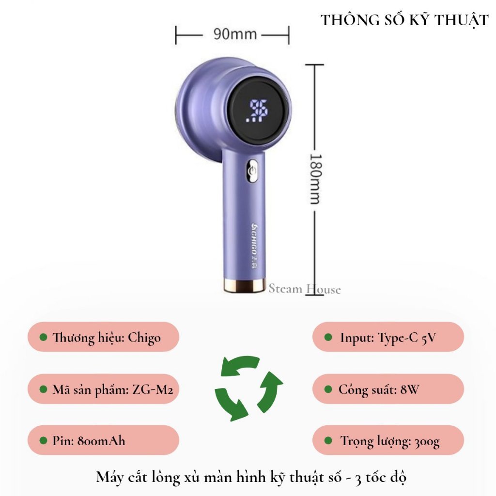 Máy Cắt Lông Xù Quần Áo CHIGO Màn Hình LED Điện Tử 6 lưỡi, 3 Tốc Độ Quay Có lưỡi cắt thay thế