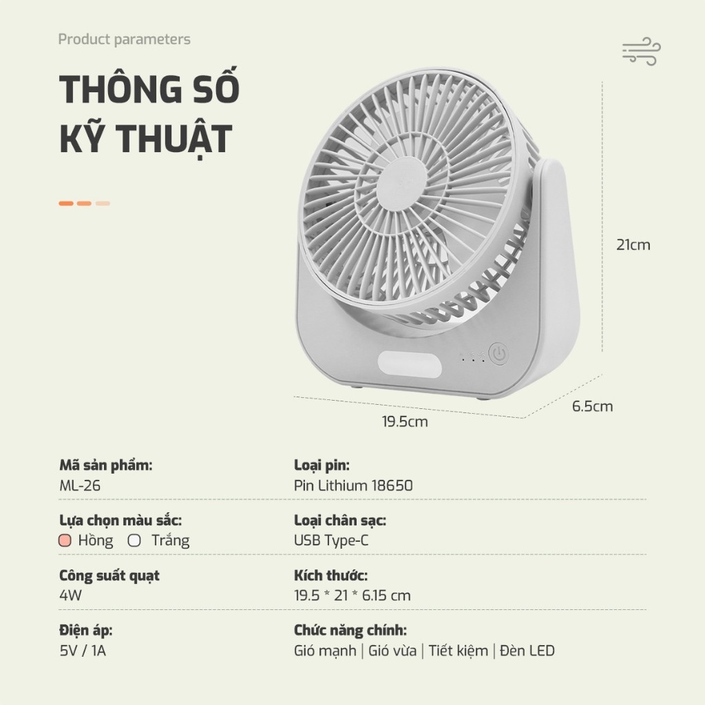 Quạt để bàn mini 3 chế độ gió, quạt tích điện ML-F2 có đèn, pin Li-on 2000mAh, kèm dây sạc USB