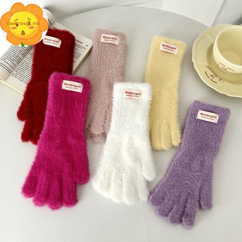 Găng tay nữ mùa đông dày dệt kim nhung, chạm màn hình được, màu trơn - Quà tặng sang trọng