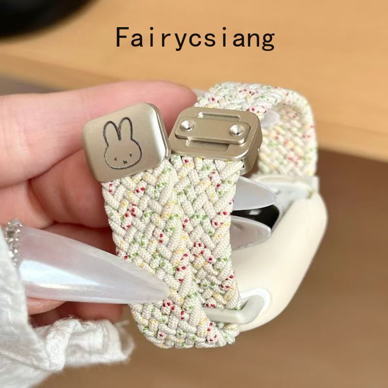 Dây đeo bện từ tính hình thỏ nhỏ dễ thương cho Xiaomi Mi Band 10 9 8 Nfc Phụ kiện dây đai vòng tay Nylon thoáng khí