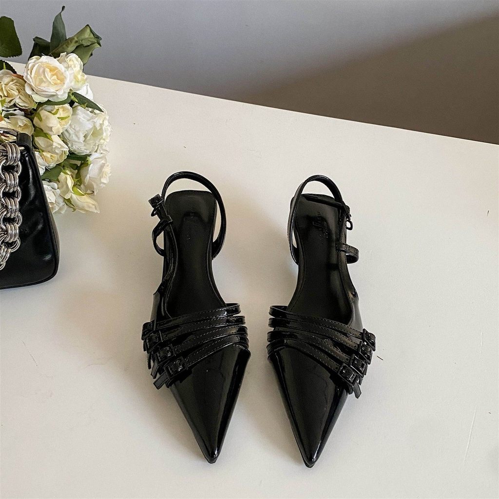 TT Châu Âu Mỹ Thắt Lưng Khóa Sandal Nữ Mũi Nhọn Rượu Thủy Tinh Gót Bạc Đen Sang Trọng Giày