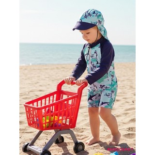 MG-Toddler Baby Rash Guard Đồ bơi Dễ thương In hình cá mập Dây kéo Bộ đồ tắm dài tay có mũ bơi