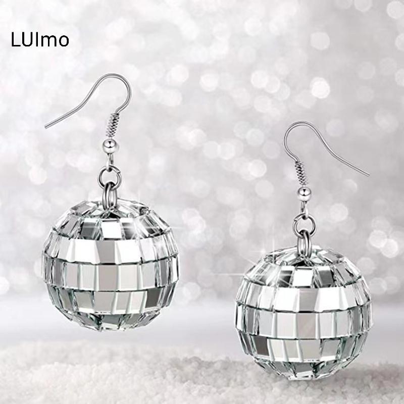 LUImo 1 Đôi 70s Màu Bạc Sáng Bóng Disco Tòn Ten Bông Tai Nữ Thoáng Mát Thời Trang Trang Trang Sức Retro Tròn Thả Bông Tai SBS