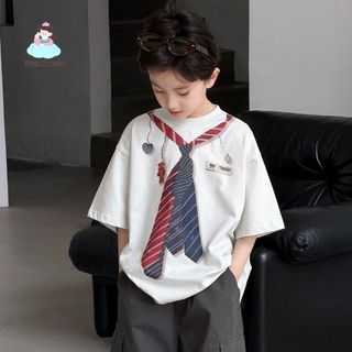 Áo thun cho bé trai form rộng – áo tay ngắn phong cách Hàn in cà vạt thoáng mát mặc hè