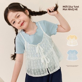 Áo thun cho bé gái phối ren giả 2 lớp – áo tay ngắn dễ thương phong cách Hàn mặc hè