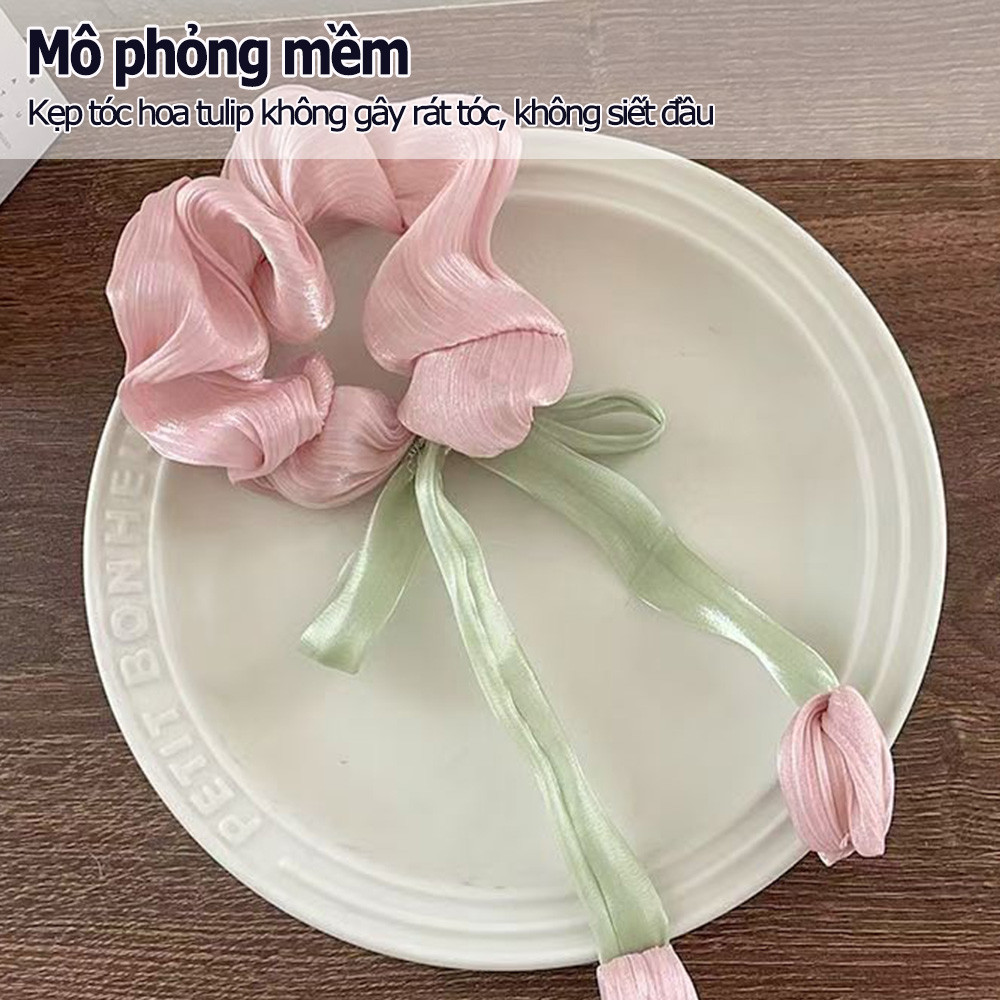 Hoa Tulip Scrunchies Dây Buộc Tóc Cho Nữ Cô Gái Satin Tóc Dây Cao Su Đàn Organ Phụ Kiện Tóc Hàn Quốc Có Treo