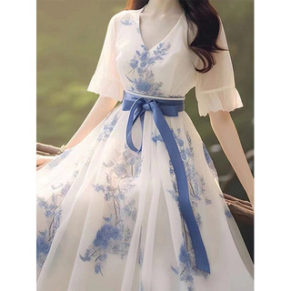 Váy trà hoa phong cách Pháp dành cho nữ, kiểu dáng cổ điển mới, tinh tế, tôn dáng eo, cổ chữ V, váy dài vừa