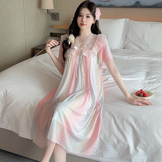 Đầm ngủ mùa hè màu trơn phối ren nơ lưới phong cách công chúa, dài vừa phải mặc nhà dành cho nữ