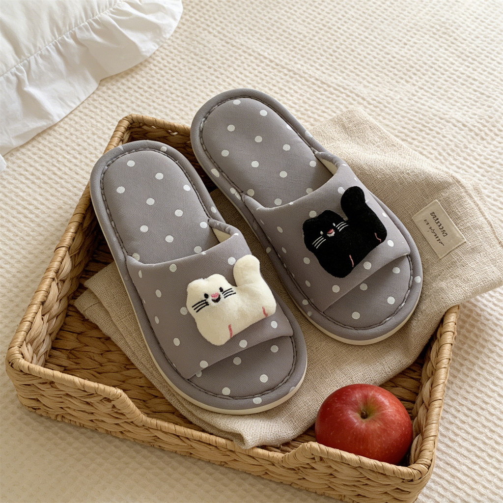 XIXITIAO Dép Nữ Cotton Đen Trắng Mèo Con Bốn Mùa Đa Năng Thoải Mái Nhà