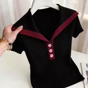 Áo Thun Ngắn Tay Nữ Phong Cách Hải Quân Màu Sắc Tương Contrast, Tạo DángSlimmer