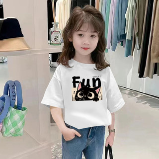 Áo thun đen cho bé gái in hình mèo mắt to, đơn giản và thời trang, thoáng khí và thân thiện với da, dễ phối đồ.