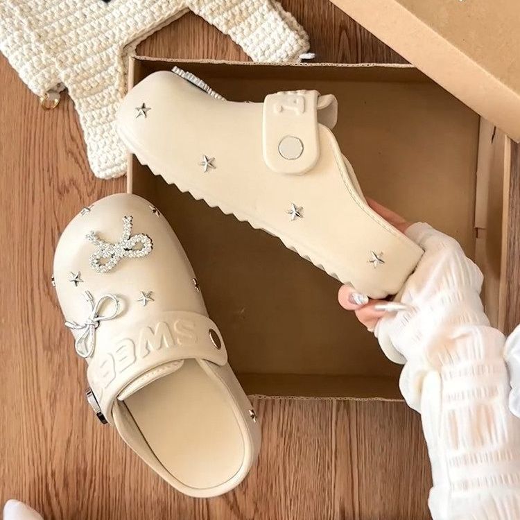 Giày Búp Bê Nữ Đế Dày Tăng Cao Đính Đá Nơ, Giày Lê Kín Mũi Chống Trượt EVA Đi Ngoài Thời Trang
