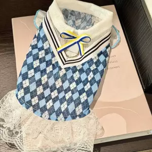 【Ready Stock】 Pet Summer Wear Clothes College Style Rhombus Bow Tie Lace Traction Vest Dog Summer Dress Summer New 9oMt