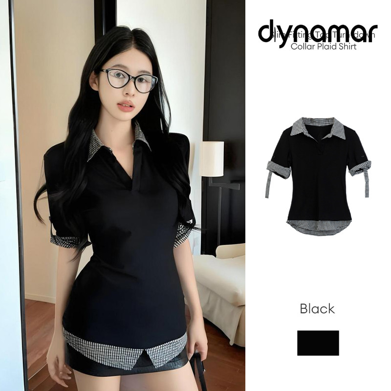 【dynamar】Áo kiểu dáng ôm sát, cổ bẻ, họa tiết kẻ caro, tay ngắn, kiểu áo hai mảnh giả, dành cho nữ.