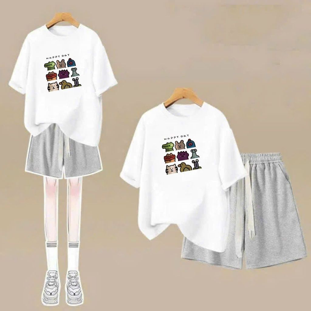 sét bộ quần đùi cộc dây to trơn+mix áo phông form rộng in hình HAPPIDAY-SHOP THỜI TRANG THU BIO