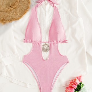Đồ bơi bikini một mảnh không lưng màu hồng kim loại