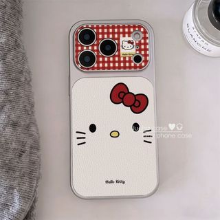 Phim hoạt hình dễ thương Kẻ sọc đỏ Nơ Hellokitty Vỏ điện thoại da trắng mạ điện cho iPhone 17Promax 17Pro 12 13 14 15 16 Pro Max 11 Vỏ di động nữ chống sốc