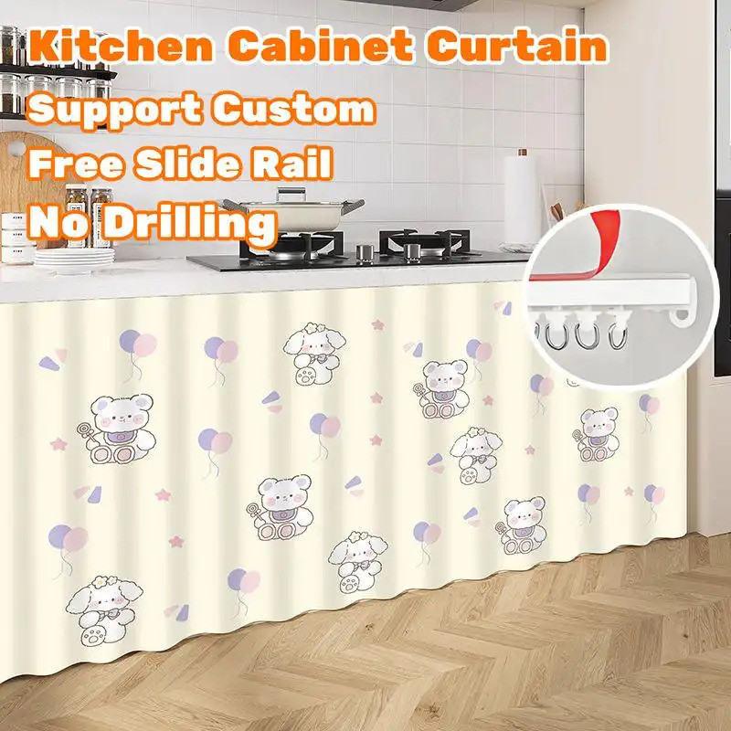 Rèm dưới bồn rửa có đường trượt – Phong cách hoạt hình Nhật Bản dễ thương, Vỏ tủ không khoan cho nhà bếp, ống chống bụi & ẩn