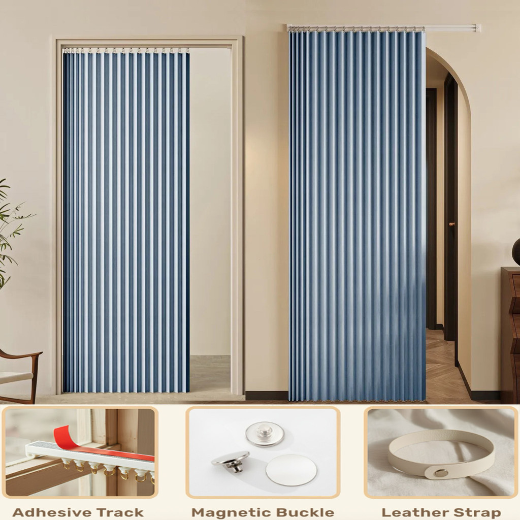 Rèm gấp màu trơn tùy chỉnh để tách phòng – Vỏ bọc đường ray dính, Giải pháp không khoan cho lối vào phòng ngủ, lối vào ban công & phân vùng không gian