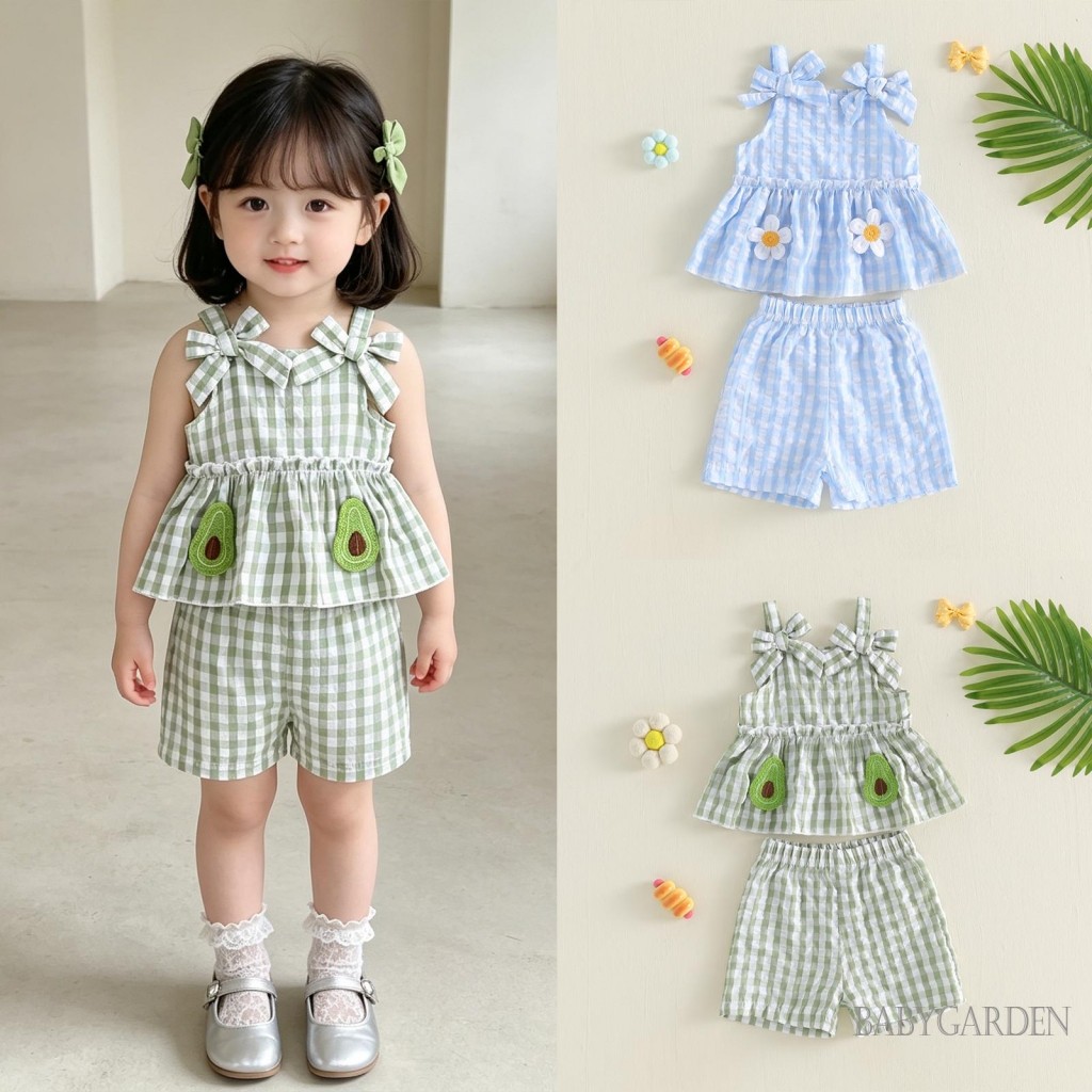 6M-4Y Bé Gái Mùa Hè Bộ Hoa / Bơ Thêu Kẻ Sọc Nơ Áo Bể Không Tay Áo Co Giãn Eo Quần Short