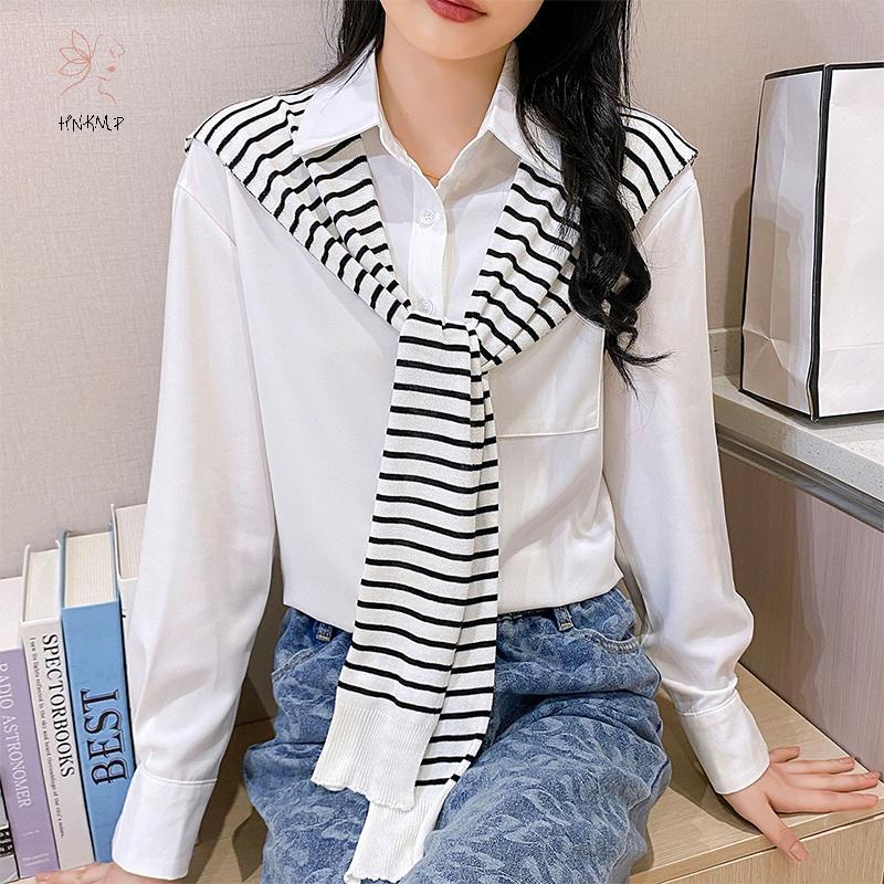 Áo Khoác Sọc Caro Hàn Quốc Dệt Kim Ấm Áp, Thiết Kế Thắt Nút Và Cổ Giả, Phù Hợp Mùa Đông.