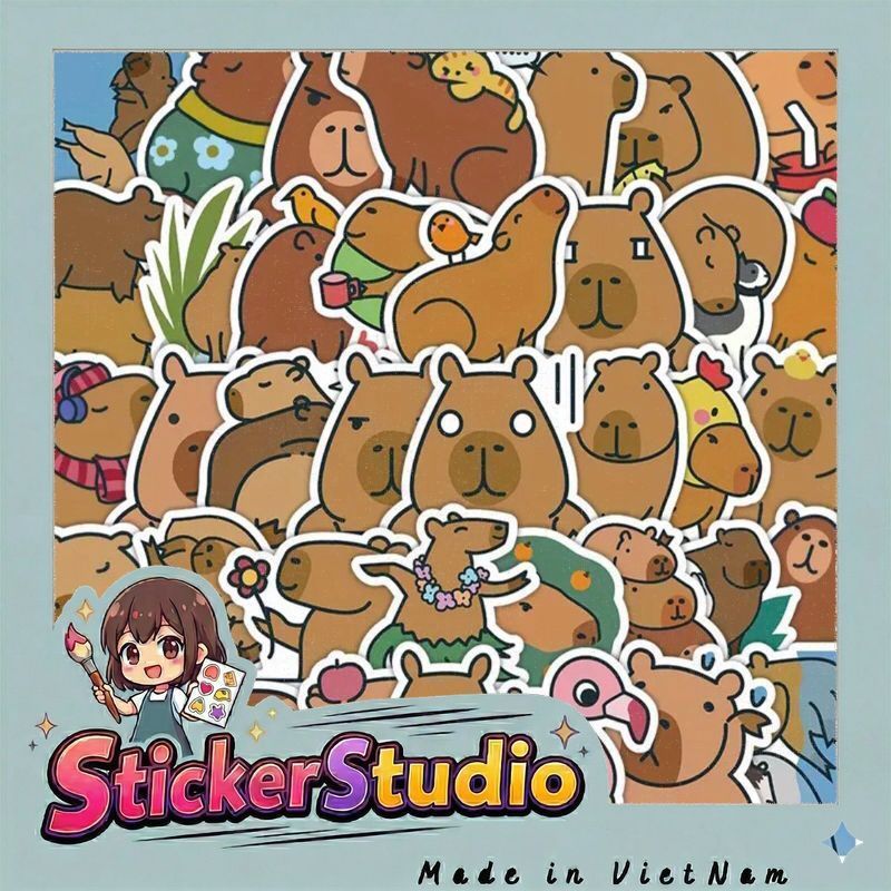 60 sticker nhà ngoại giao Capybara siêu dễ thương cute đáng yêu trang trí sổ tay note book laptop mũ bảo hiểm chống nước