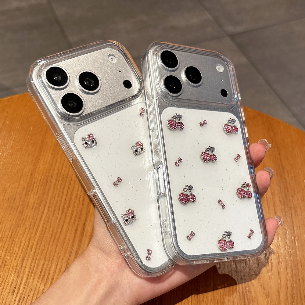 Ốp Điện Thoại Nhựa Cherry Cat 3D Kim Cương Cho iPhone 17 Pro Max 17 Air 16 Plus 15 14 13 12 11 Vỏ Bảo Vệ Chống Sốc
