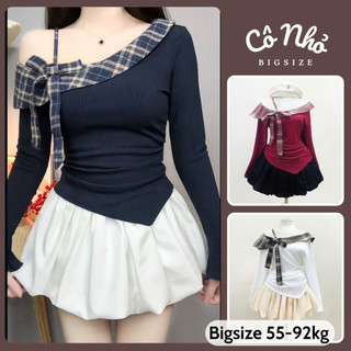 Set Áo váy Bigsize Nữ Áo Kiểu Trễ Vai Buộc Nơ Tiểu Thư Phối Chân Váy Bí Dễ Thương A333+CV413