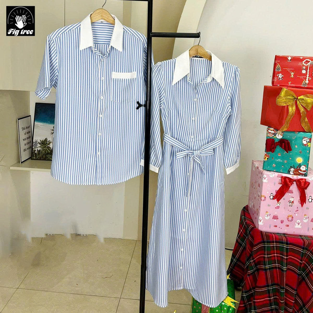 Sơ Mi Váy Đôi Fig Tree Sọc Đứng Trắng Xanh Hot New 2026 Dành Cho Tình Nhân MS 194