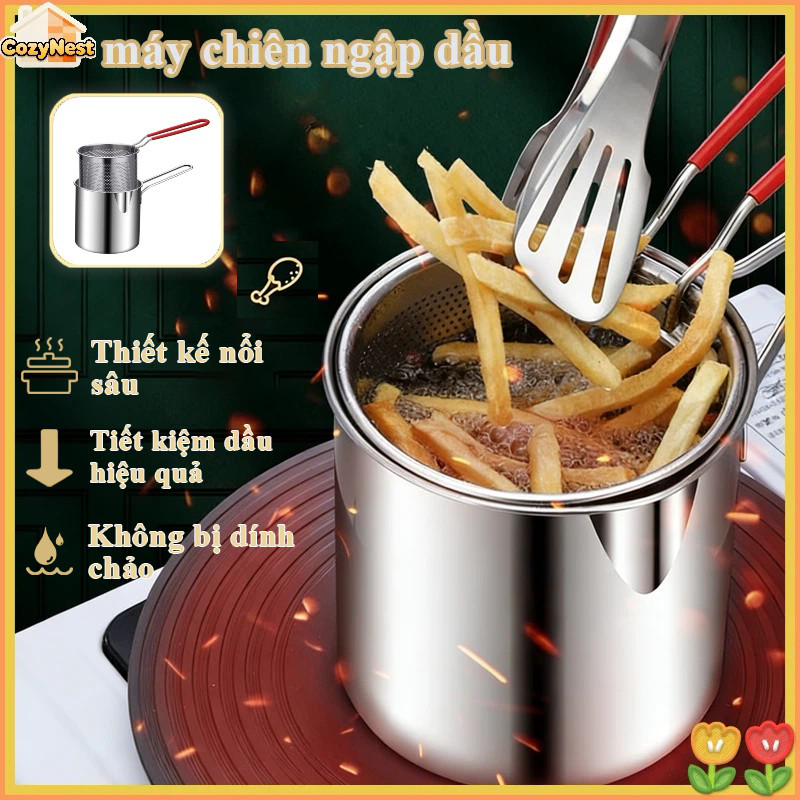 Nồi Chiên Ngập Dầu Inox 304 Cao Cấp - Dung Tích 1200ml, Kèm Rổ Lọc Dầu Chống Dính, An Toàn Dùng Mọi Bếp Từ/Bếp Ga