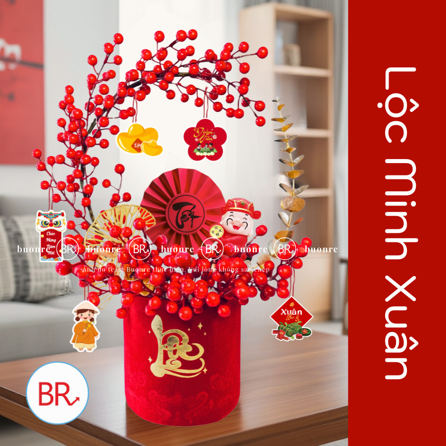 [Tết 2026]Set nguyên liệu cắm bình Đào Đông Lộc Minh Xuân đón tài lộc–Cành hoa trang trí Tết kèm bình trụ nhung đỏ