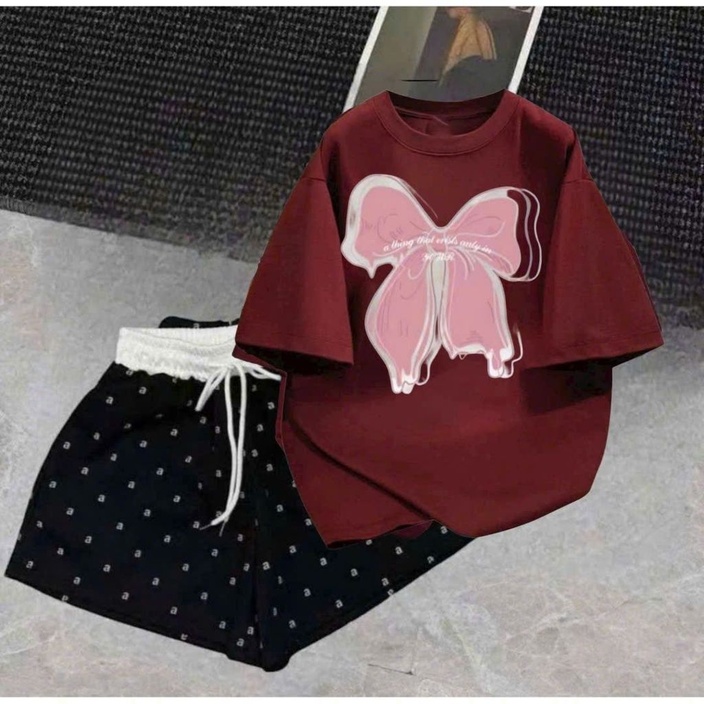 sét bộ đồ nữ quần đùi cộc cạp trắng chữ A + mix áo phông nơ KOLILA -THUBIO98